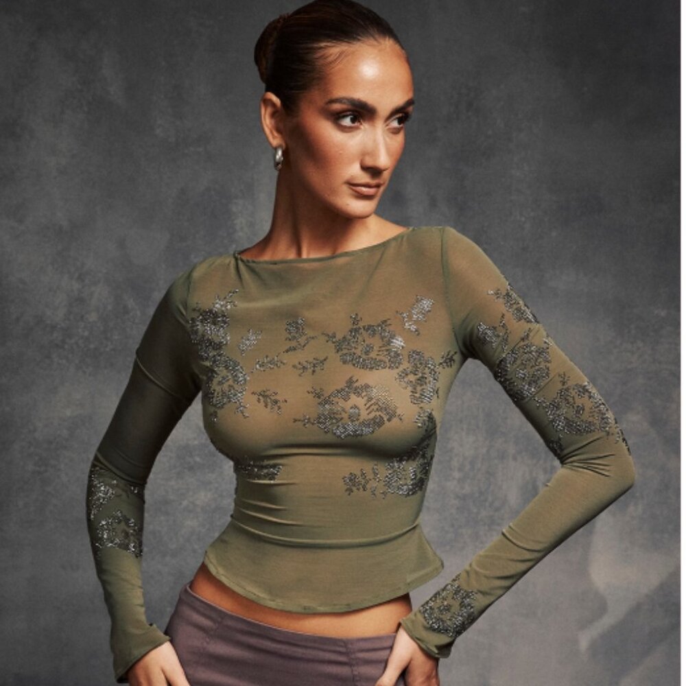 House of CB Angelique olive crystallised top NWT
